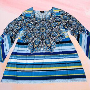 Melissa Paige Women's Plus Size Top 3X blue Paisley stretch tunic stretch shirt
